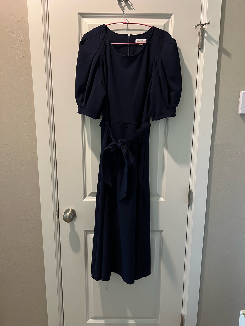 Calvin Klein Navy Puff-Sleeve Midi Dress with Waist Tie